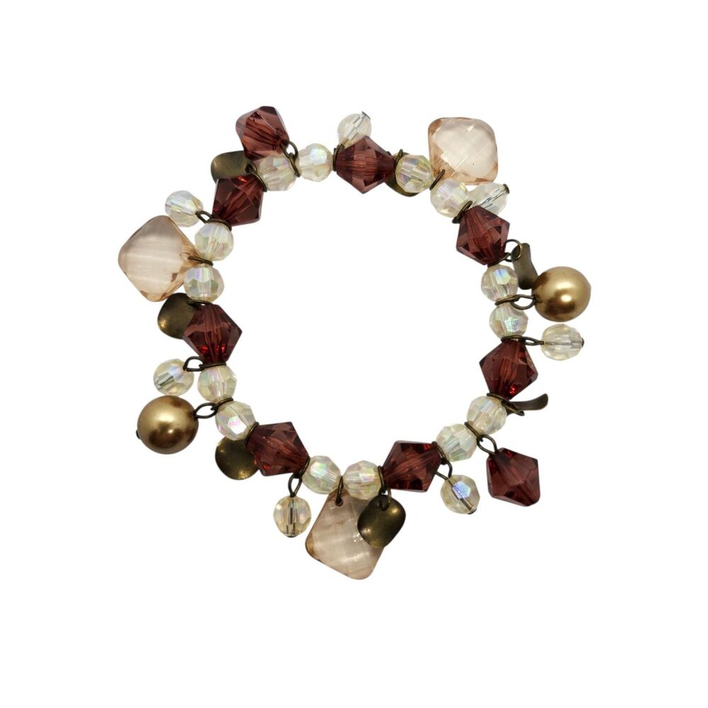Premier Designs Beaded Stretch Bracelet Gold Clear Peach Rose Beads
